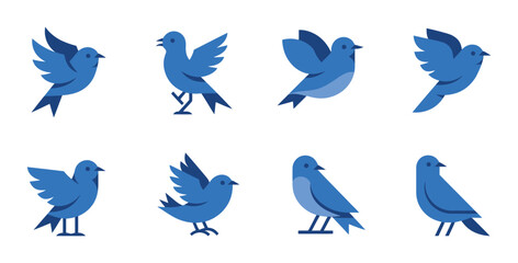 Blue Bird Vector Set In Different Poses On White Background For Graphic Design Resources And Decorative Elements