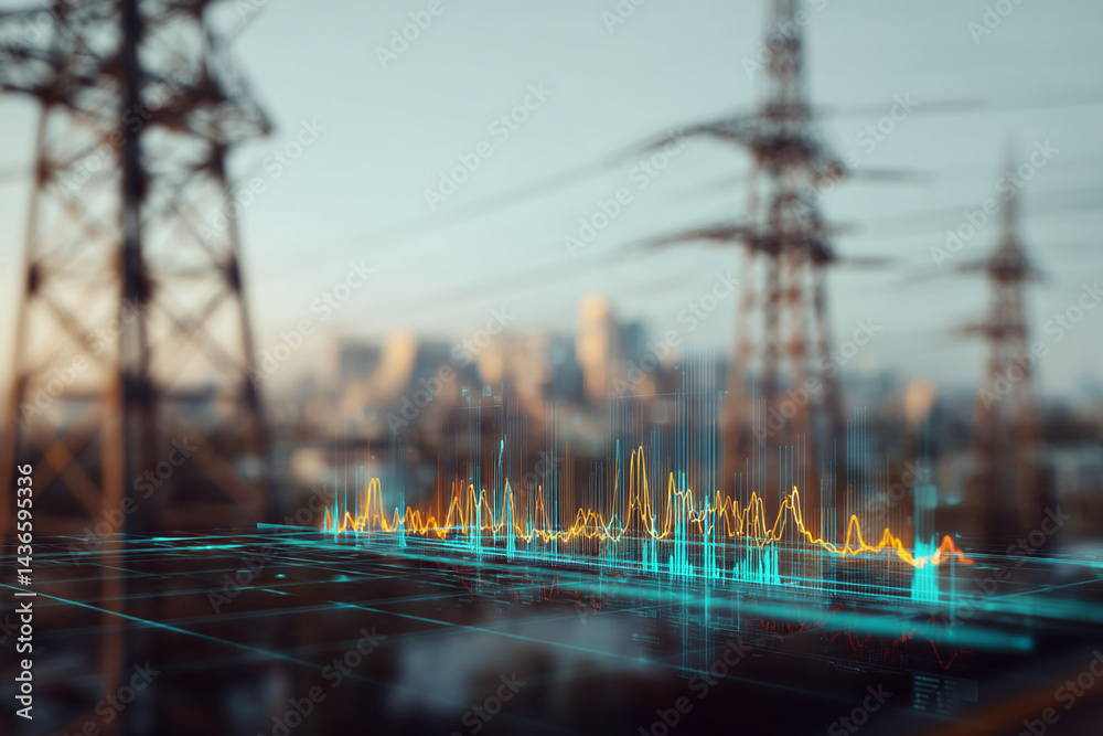 Poster abstract digital energy graph on dark surface, blurred city skyline and power pylons background, sho
