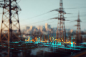 Abstract digital energy graph on dark surface, blurred city skyline and power pylons background, showcasing data analysis and power grid visualization