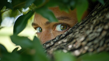 Obraz premium Woman's watchful eyes peering from foliage