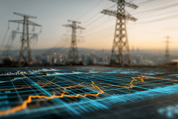 Close-up of energy grid data visualized on a screen, with blurred high-voltage power lines and cityscape in the background, representing energy market analysis and power infrastructure