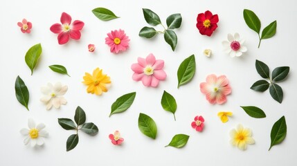 Colorful flower and leaf flatlay, white background, spring design, website banner