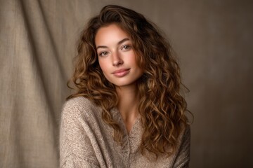 Fototapeta premium A beautiful young woman with a relaxed, natural look, wearing a cozy sweater, standing in front of a neutral-toned fabric backdrop in the photo studio. 