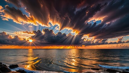 Bright sunset over the ocean with sunlight breaking through the clouds.