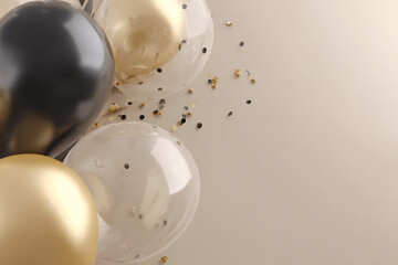 Group of gold, black, and transparent balloons with confetti, on beige background, showcasing celebratory or festive concept, ideal for invitation or party design