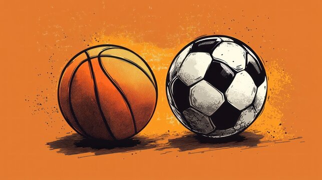 Basketball and soccer ball rivalry; sports competition; orange background; graphic illustration; sports poster