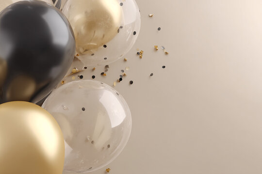 Group of gold, black, and transparent balloons with confetti, on beige background, showcasing celebratory or festive concept, ideal for invitation or party design