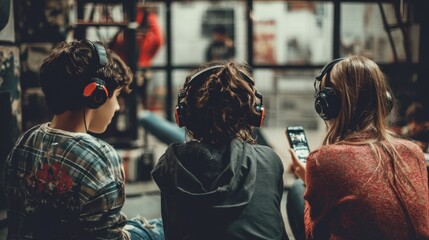 Three Young Adults Wearing Headphones, Immersed in Audio Experience, Industrial Setting