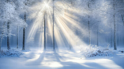Enchanting winter forest scene with sun rays shining through snowy trees for nature and landscape photography.
