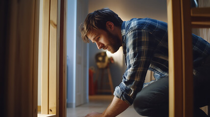 Man Working on Wooden Furniture in a Workshop