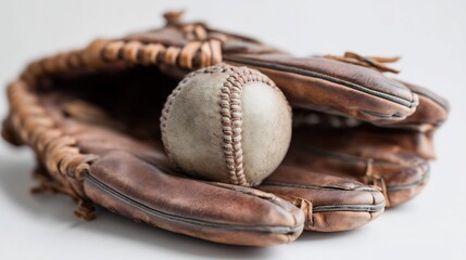 Fototapeta premium Classic baseball glove with a weathered baseball on a neutral surface creates a nostalgic scene