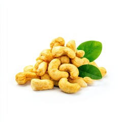 Fototapeta premium Pile of cashew nuts with leaf on white background