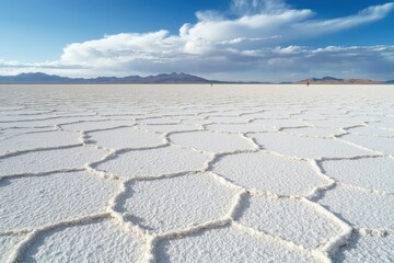 Fototapeta premium Lone traveler walking on vast salt flats with sky reflection