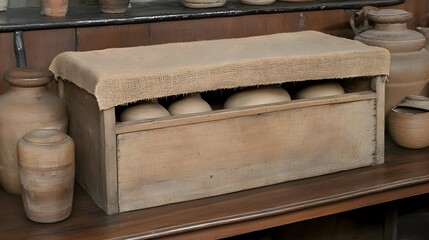 Small Closed Box with Burlap Fabric Lid and Pottery Inside