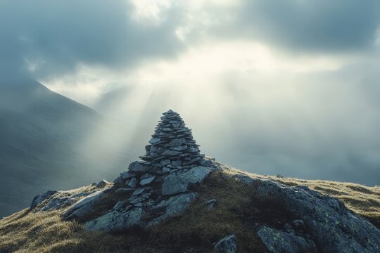 Stone cairn on mountain ridge with sunlight and clouds