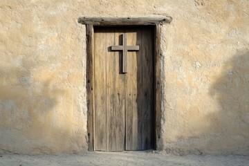 Weathered wooden door with carved cross in adobe wall