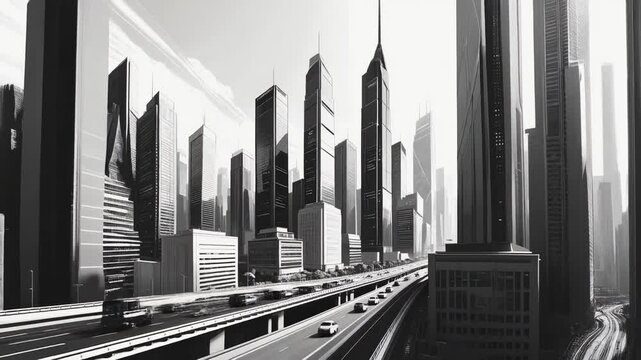Animated Black and White Panorama City with 
Skyscrapers and Cars on Highway.	