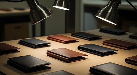 Obraz premium Arrangement of Leather Card Holders on Table with Studio Lighting