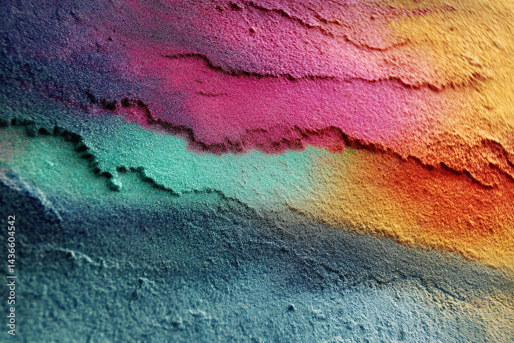 Poster textured surface with teal, pink, orange, and gold hues creating a layered abstract effect, showcasi