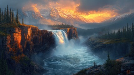 Fototapeta premium Majestic waterfall cascades down rocky cliffs at golden sunset