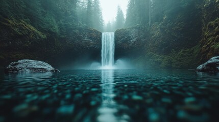 Majestic waterfall cascading into a tranquil pool, shrouded in a misty forest