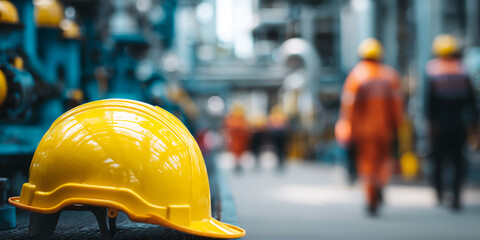 Yellow hard hat rests on surface, blurred industrial background suggests construction site or factory, symbolizing safety, work, and industry