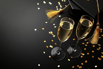 Champagne flutes, celebratory, black background, golden confetti, elegant, festive