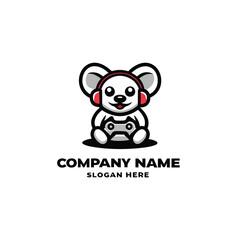 Cute mouse character holding a controller, wearing headphones, logo design