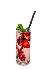 Fresh berry cocktail with mint and ice on white background
