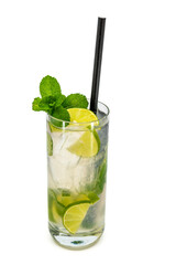 Classic mojito cocktail with lime and mint on white background
