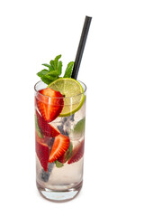 Strawberry cocktail with lime, mint and ice on white background

