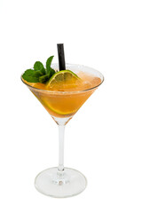 Citrus cocktail with lime and mint in martini glass on white background
