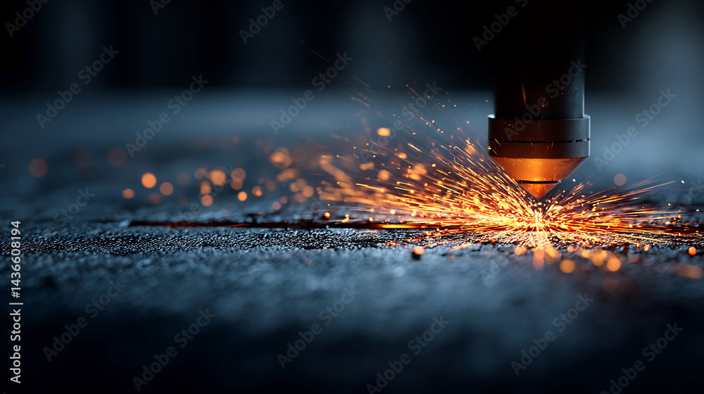Poster close-up of laser cutting sparks on dark metal surface, creating dynamic, fiery texture, showcasing 