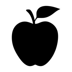 A simple black and white silhouette of an apple with stem and leaf