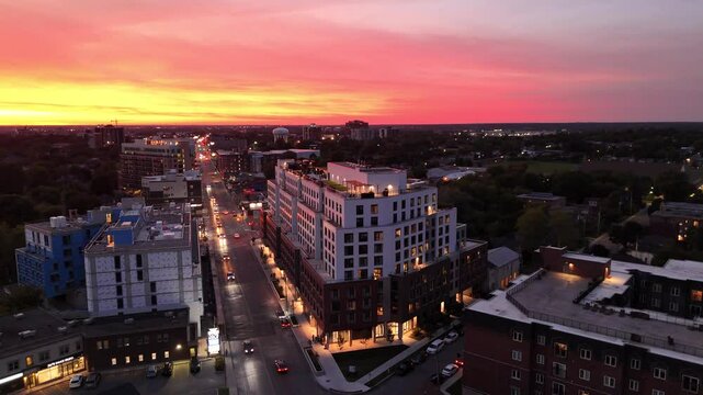 Aerial view of the urban buildings at the downtown of Kingston city at dusk in Ontario, Canada