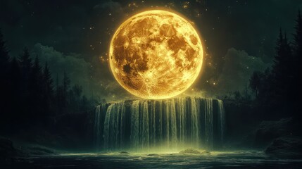 Fototapeta premium Enormous moon over cascading waterfall at night, fantasy landscape, mystical background