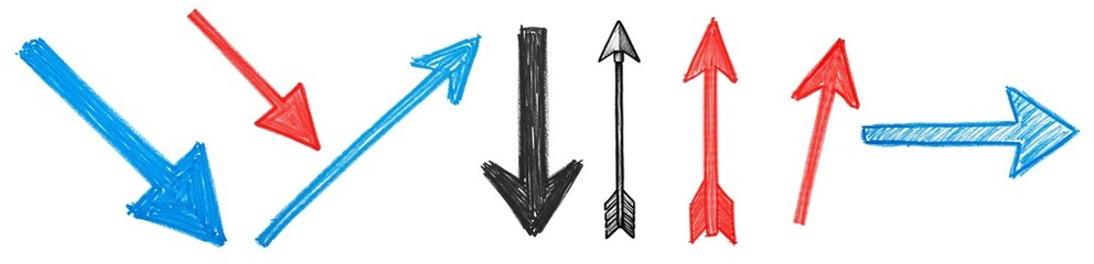 Fototapeta premium Set Of Different Colors hand Draw Arrow isolated on transparent background, PNG , Up arrow, Down Arrow, Direction Arrow PNG 