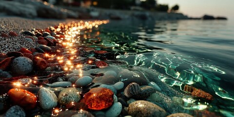 Glowing Pebbles Under Shimmering Water