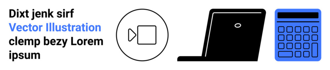 Circular video camera icon, black laptop, and blue calculator reflecting technology, communication, education, finance, business tools, media and data interaction. Ideal for simple landing page