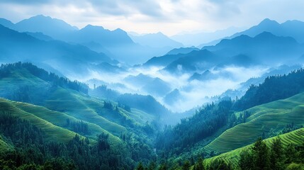 Fototapeta premium Misty mountain landscape with terraced rice paddies