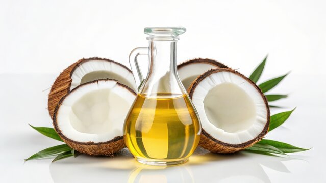 MCT oil in a bottle with halved coconuts and green leaves.