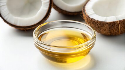 MCT oil in a bowl with halved coconuts in the background.