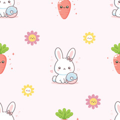 Vector illustration of cute bunny seamless pattern with sunflowers and suns repeating