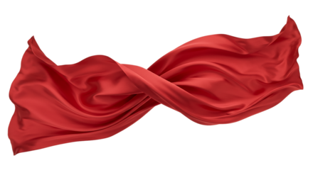 A flowing red silk scarf gracefully twisted against a plain black studio background creating soft waves
