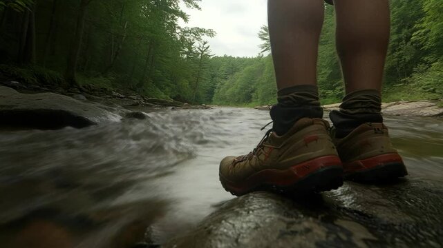 Hiker pausing midstream on a boulder in a rushing river surrounded by vibrant green forest vegetation