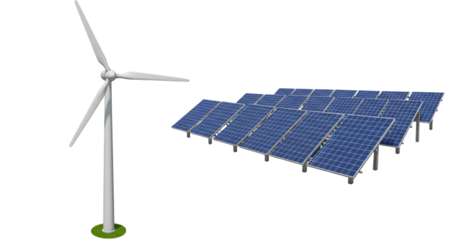 A wind turbine and solar panels are shown against a black background in a digital rendering style image