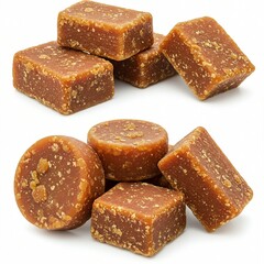 Close-up of Brown Sugar Cubes and Round Pieces Against White Background