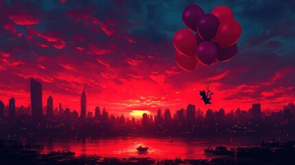 Cat flies balloons sunset city.