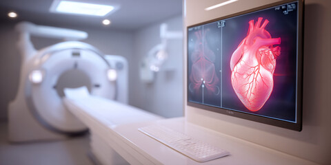 Heart scan image displayed on monitor in medical facility, showcasing cardiovascular health diagnostics, representing advanced medical technology and healthcare