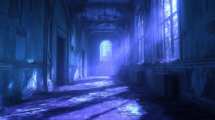Dim, moonlit magical hallway with faint glowing symbols etched into the walls, eerie silence, anime style, nighttime 